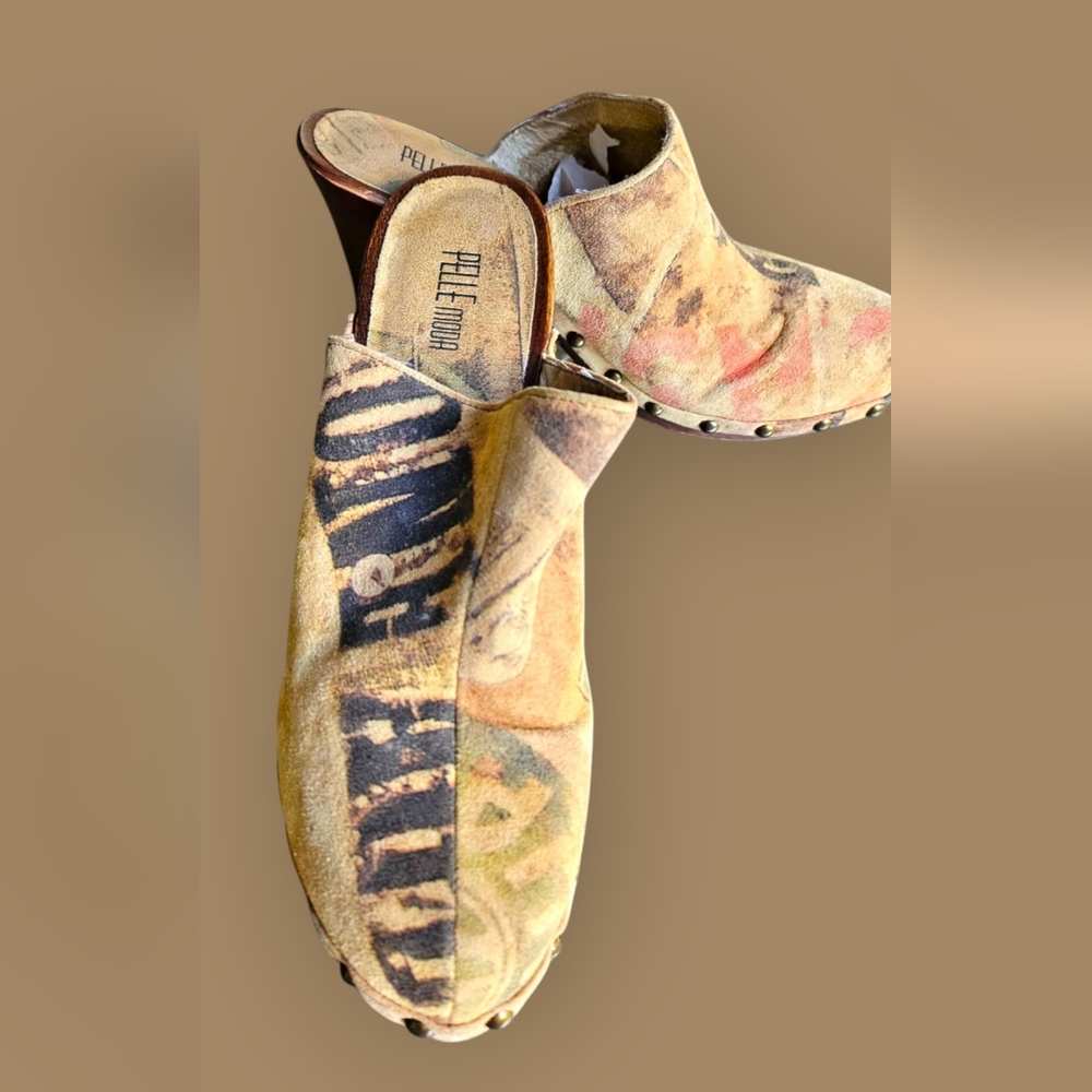 Pelle Moda Floral Print Leather Clogs in Pastel Pink and Tan - Picture 4 of 12